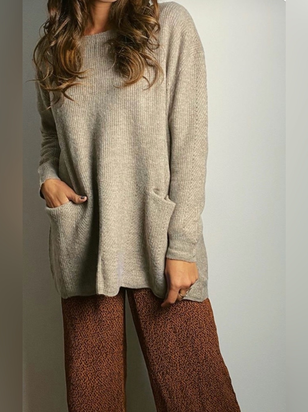 Taupe Pocket Ribbed Tunic Sweater - Brand